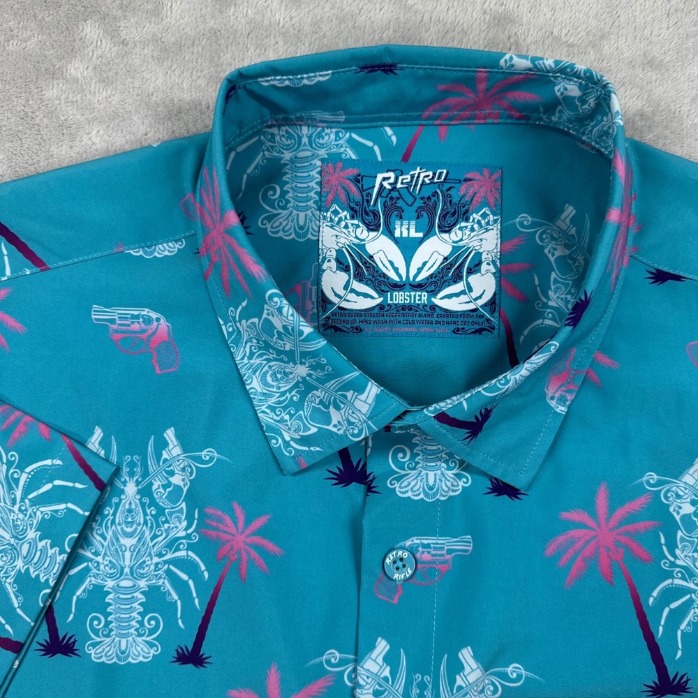 Retro Rifle Lobster Button Up Shirt Mens XL Teal Pink Revolver Palm Tree Stretch